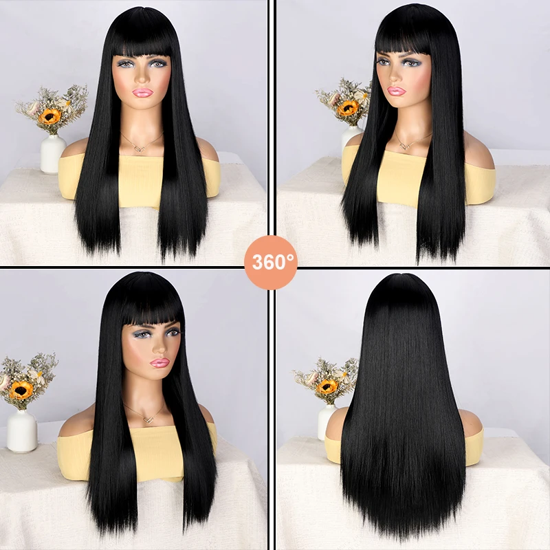 Black Straight Hair Wig with Bangs Long Natural Straight Wigs for Women Daily Use Synthetic Heat Resistant Wig Lolita Cosplay