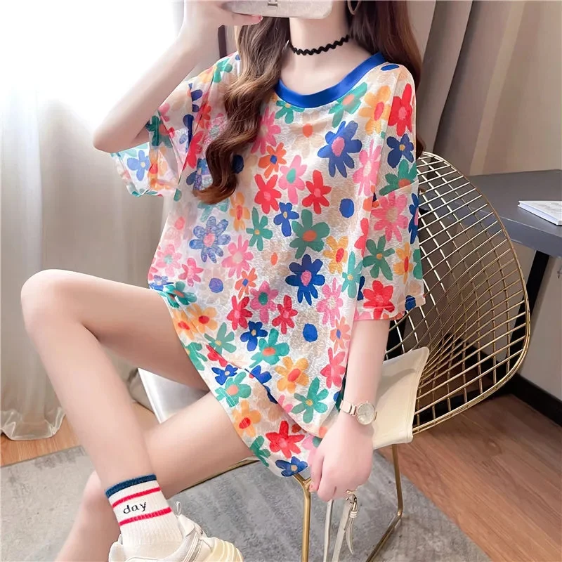 

Summer Femme Round Neck Loose T-shirt European Women Ice Silk Half Sleeve 2025 Design Sense Lady Medium Long Styles Printing Top