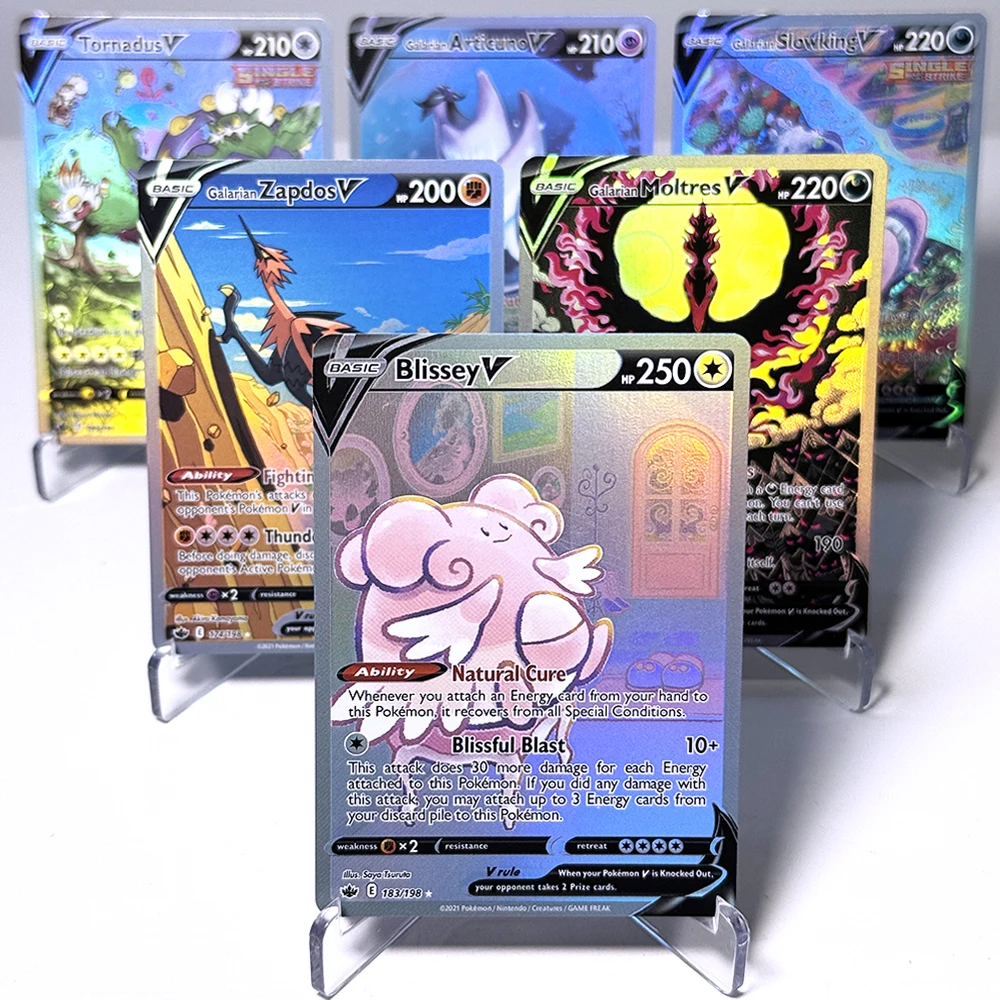 Tarjetas de juego PKM V de la serie Chilling Reign (CRE) con efecto foil: Blissey/Galarian Articuno/Galarian Moltres/Galarian Slowking/Zeraora