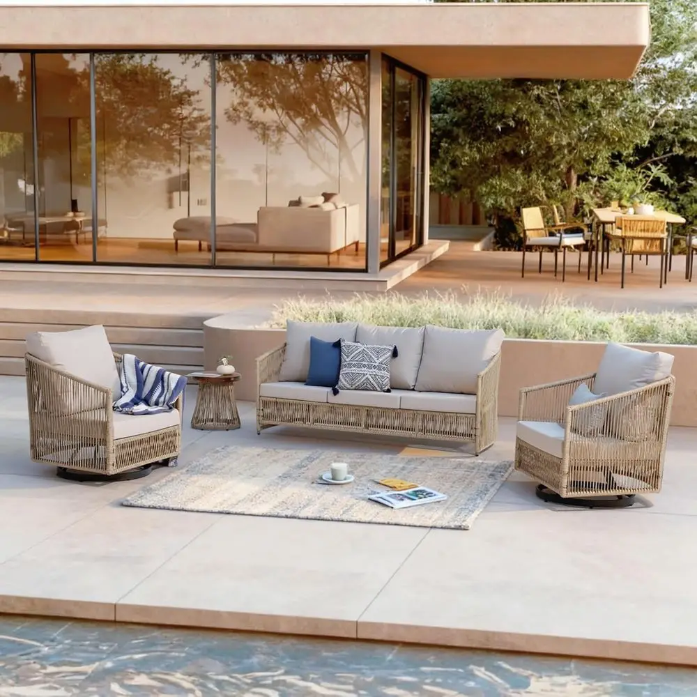 

4-Piece Wicker Patio urniture Set, Outdoor Patio Contion Set w/Swivel Chairs, Open Weave Wicker 3-Seater Couch Set w/Wood Top Si