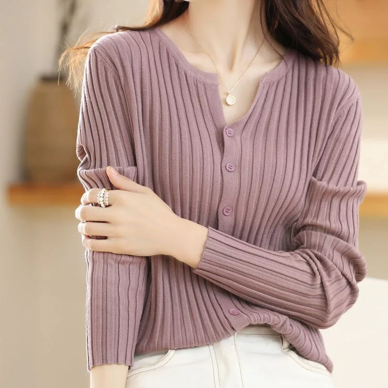 New Spring Autumn Simple Knitted Cardigan Women's round Neck Sweater Base Layer Commute Style 2025 Single Piece Pure Color Lo...