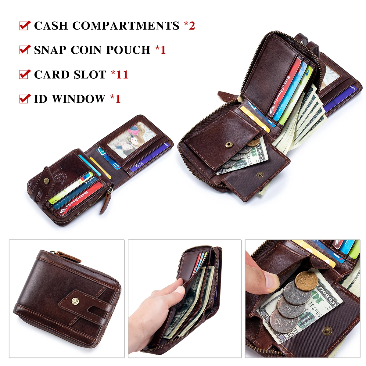 กระเป๋าสตางค์ซิป SCHLATUM สำหรับผู้ชาย ความจุขนาดใหญ่ ป้องกัน RFID หนังแท้สไตล์วินเทจ พร้อมช่องใส่เหรียญและช่องใส่บัตรประชาชน