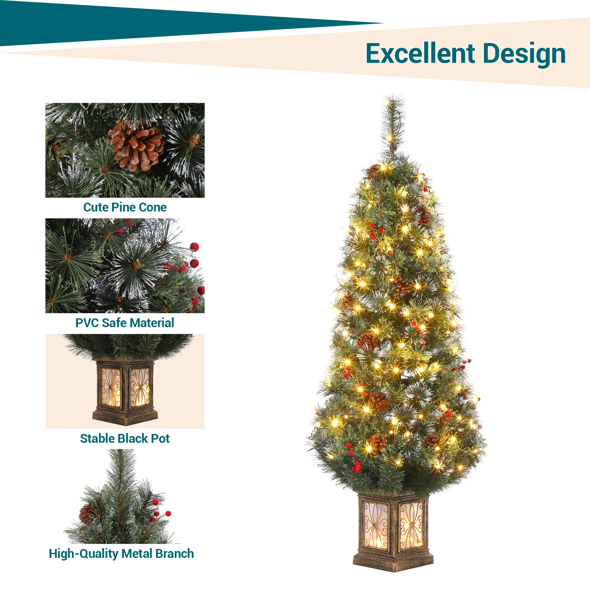5FT Pre-Lit Snow Flocked Artificial Christmas Tree with 200 Warm White LEDs, Red Berries & Snowman Base – Potted Holiday Xmas Decor for Home, Office, Porch