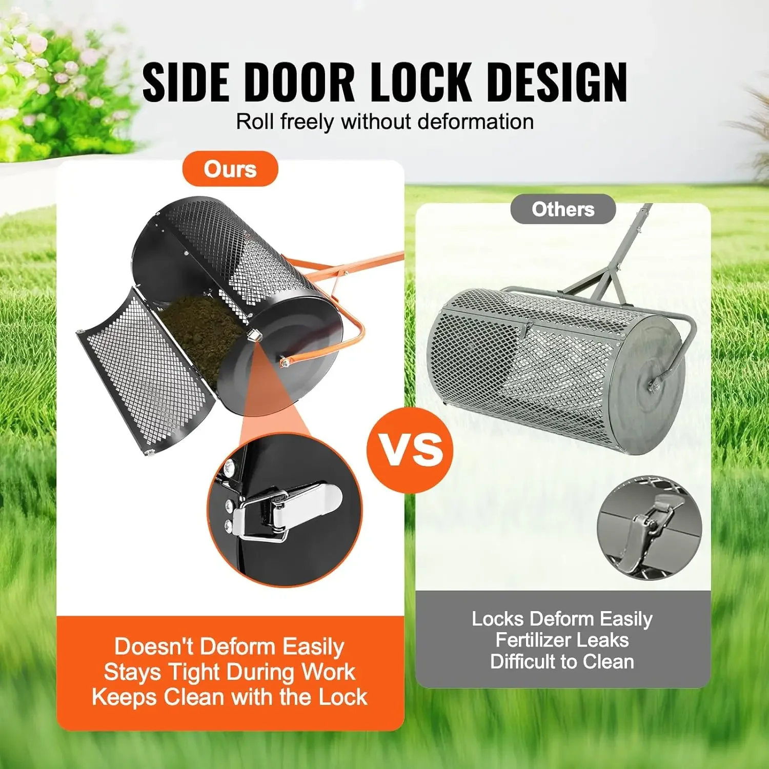 Esparcidor de abono y esparcidor de musgo de turba, esparcidor de césped con rodillo de empuje/controllamiento de 24" con mango en forma de T de altura ajustable