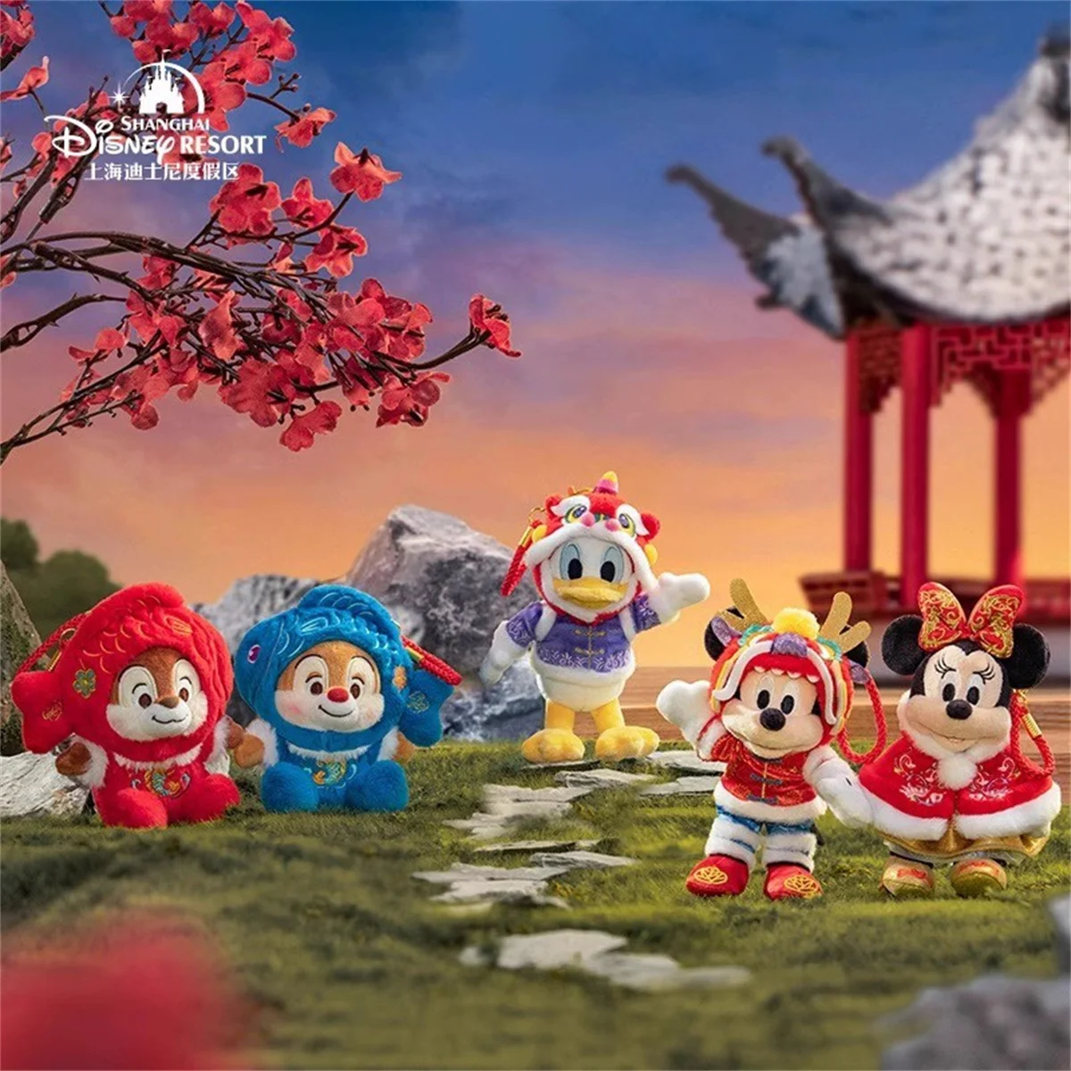 Originale Shanghai Disney 2024 capodanno Mickey Minnie Donald Duck Chip e Dale Mushu Dragon series peluche bambola fascia per capelli