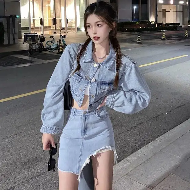 

2024 Spring Autumn New Fashionable Youthful Slimming Skirt and Denim Jacket Two-Piece Set for Women Female Office Lady Fashion
