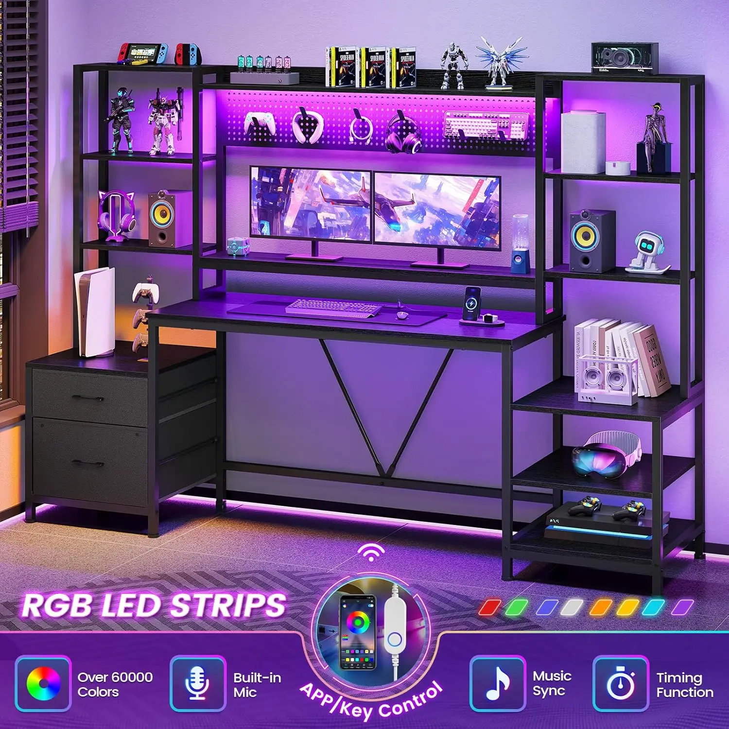 Computer Desk with Power Outlets, 81.9in Home Office Desk with Monitor Stand, Gaming Desk with LED Light