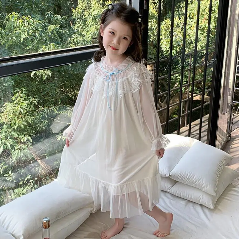 Girl Long Sleeve Sleep Dress Baby Princess Comfortable Thin Pajamas Children Mesh Lace Home Clothes Kids Nightgown 6-16Y Wz1149