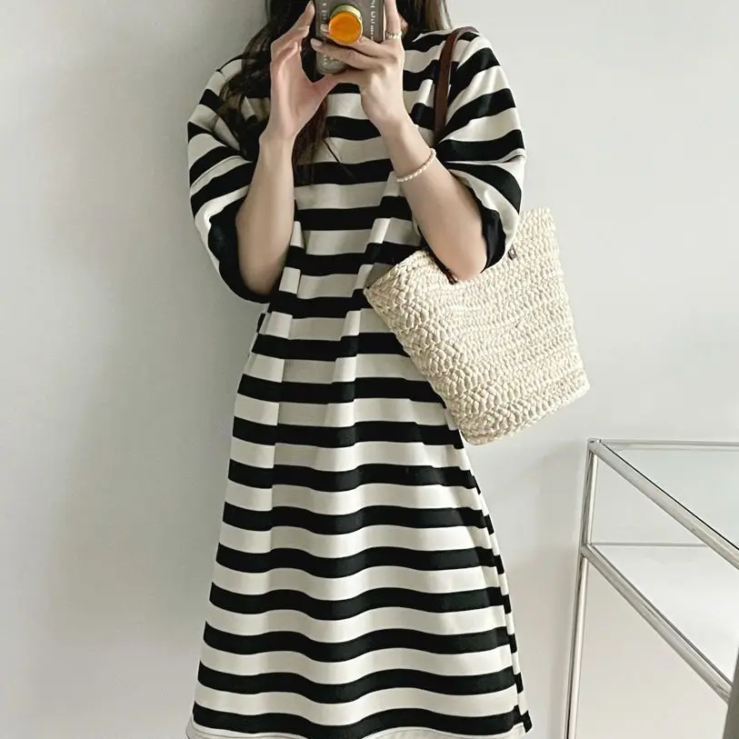 

Летнее женское платье миди в полоску, свободного кроя, с пышными рукавами, в этническом стиле, 100% лен, с коротким рукавом, круглым вырезом, Ciwalk Dr