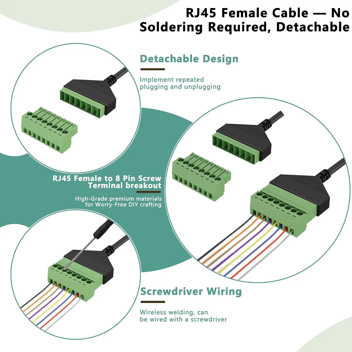 RJ45 Female to 8-Pin Screw Terminal Breakout Cable 8P8C Solderless Terminal Block Adapter for Cat5e/Cat6 Gigabit Ethernet Wiring