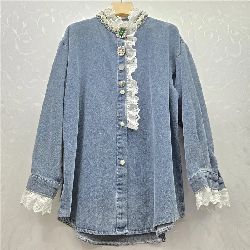 Frühling Frauen Mode Perlen Diamant Spitze Patchwork Denim Hemd Jacke Stehkragen Einreiher Langarm Jeans Jacke Mantel