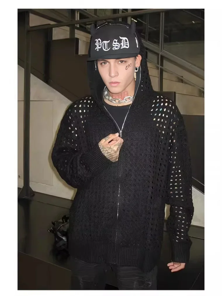 Mesh Hollow Hooded Knitted Sweater Hip Hop Cardigan Men