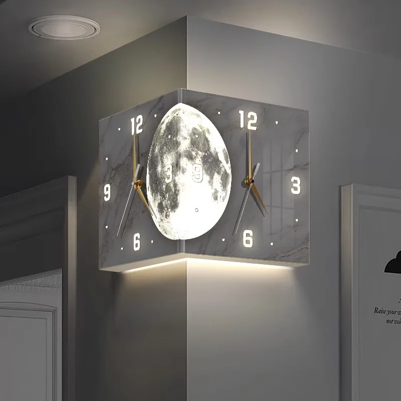 Starry Sky & Moon Pattern Corner Double-sided Wall Clock (Pointer Style) Acrylic Silent ClBacklit Display With Needle Drill-Free