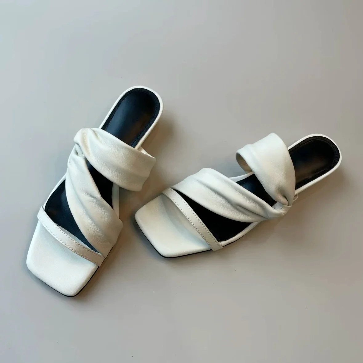 Women's White Ruched Twist Strap Square Toe Kitten Heel Mule Slide Sandals Elegant Slip-On Ladies Daily Summer Dress Slippers