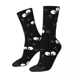 Chaussettes rétro noires pour hommes, motif imprimé, sans couture, chaussettes d'équipage, Harajuku, chat miaou, hip hop, heureux, mignon, cadeau