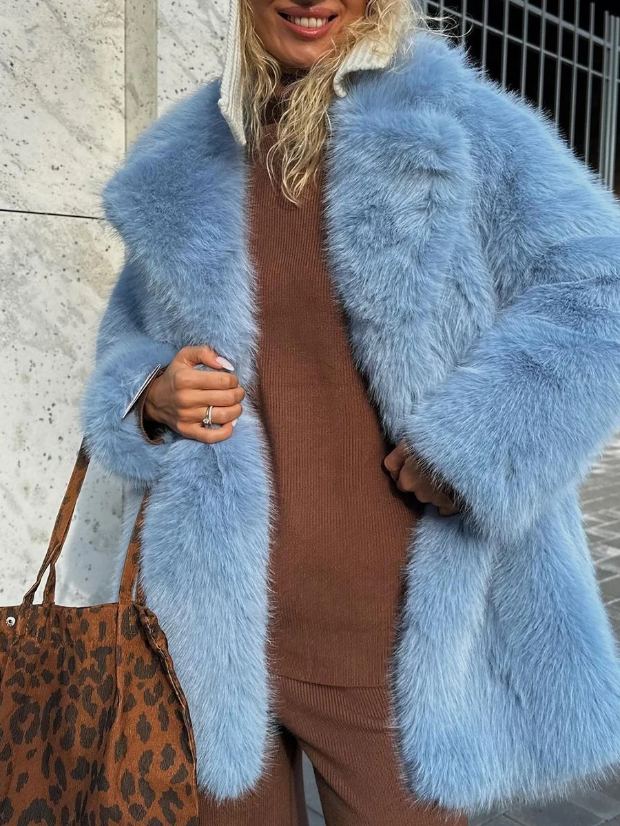 LIMO Loose Women Faux Fox Fur Jacket Lapel Open Front Fluffy Long Sleeve Furry Coat