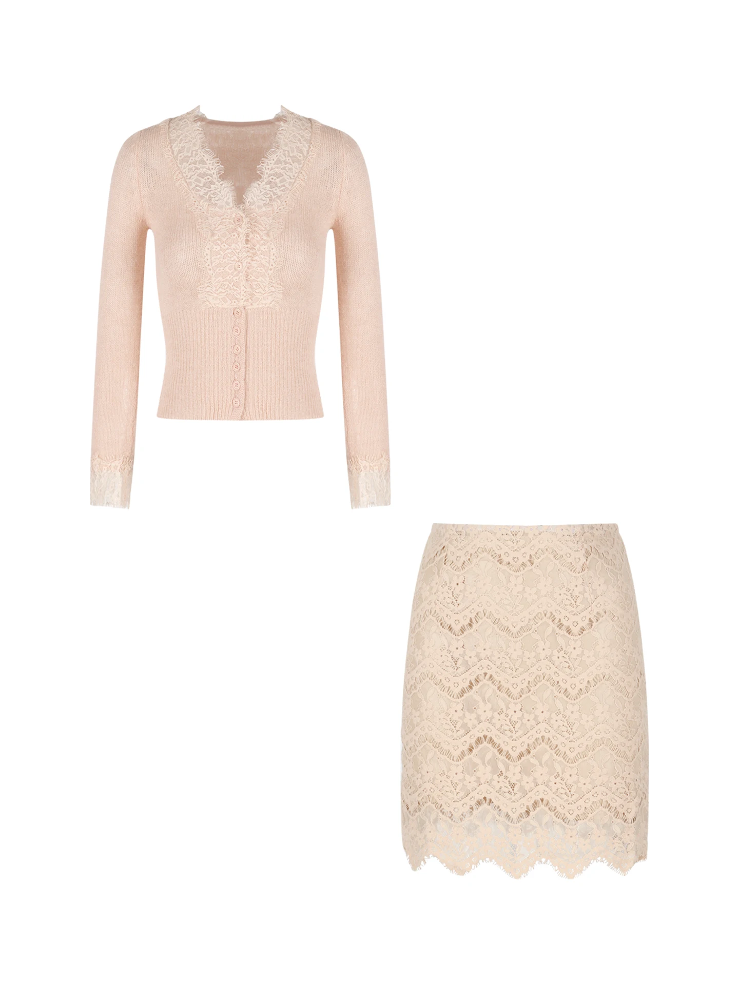 

Long Sleeve V-Neck Lace Splice Knitted Slim Fit Open Cardigan And Skirt Two-Piece Set for Women Winter Fashion Ensemble