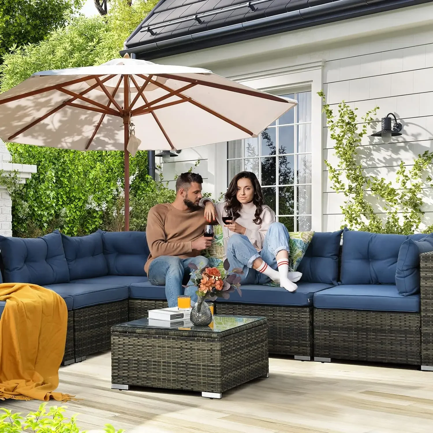 Outdoor Wicker Patio Móveis Set, All-Weather PE Rattan, sofá secional exterior, sofá com mesa, 7 pcs