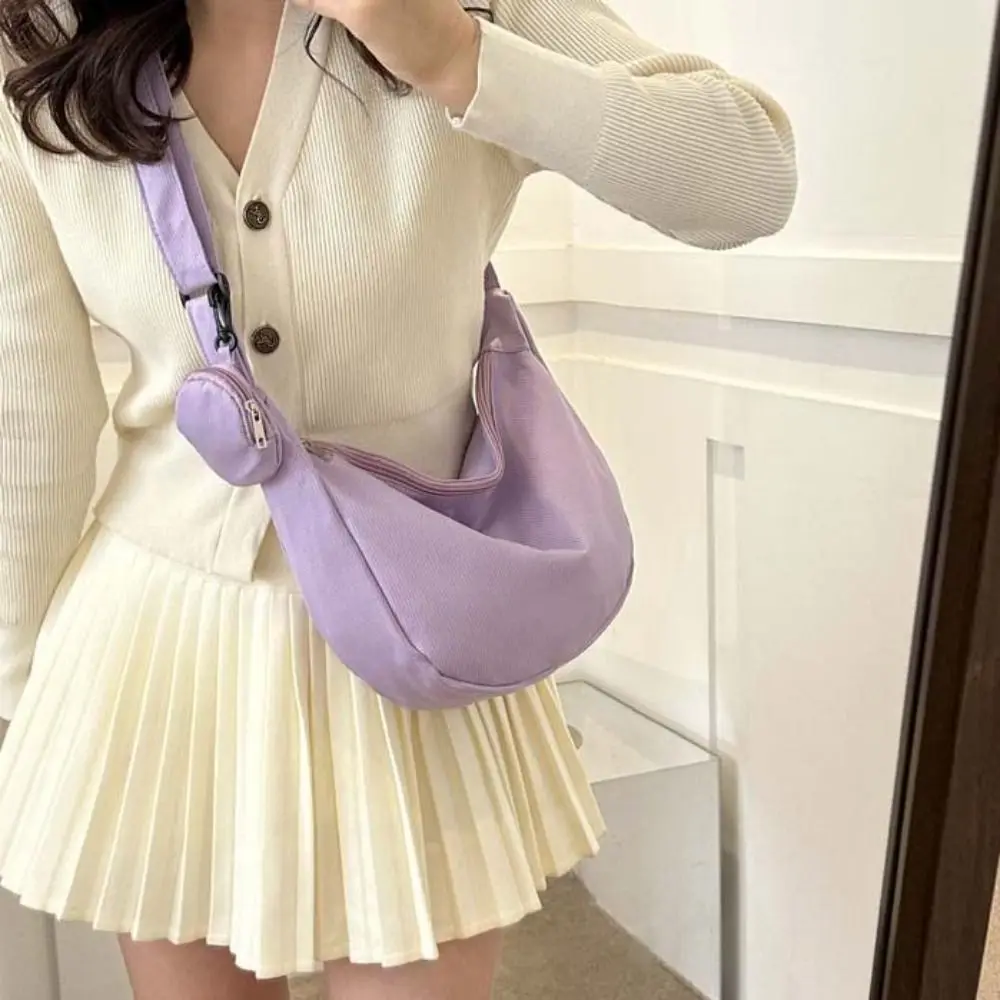 

Korean Style Lightweight Shoulder Bag Large Capacity Solid Color Canvas Bag with Coin Purse Messenger Bag Cream Color