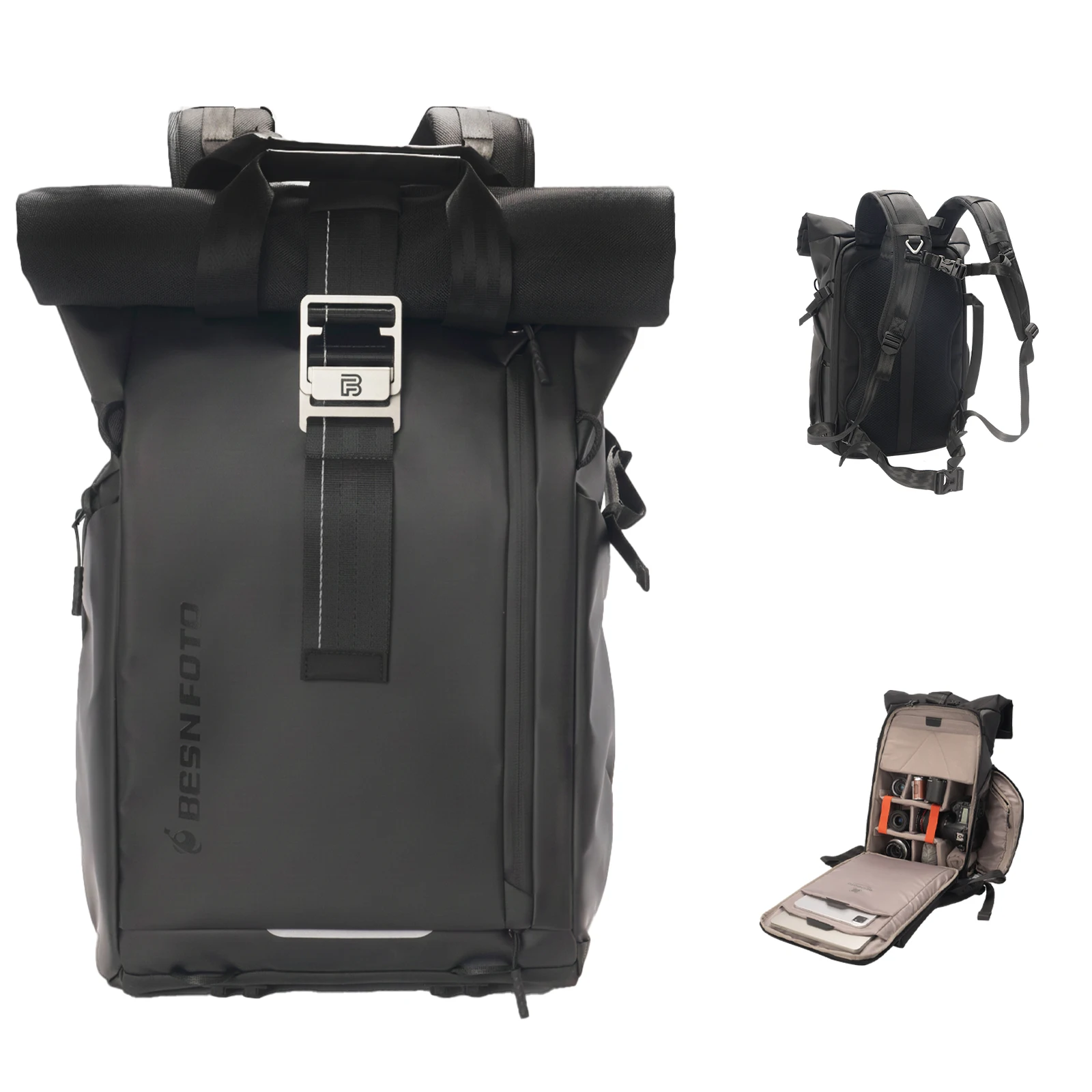 Besnfoto Wasserdichter, erweiterbarer Roll-Top-Kamerarucksack für DSLR-, SLR- und spiegellose Kameras, passend für 15,6-Zoll-Laptops