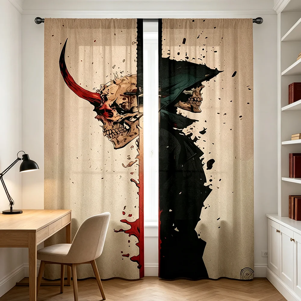 2PCS Digital Print Curtains Retro Ink Style Samurai Demon Skull Blood Splash Print Oriental Bedroom Decor Window Drapes