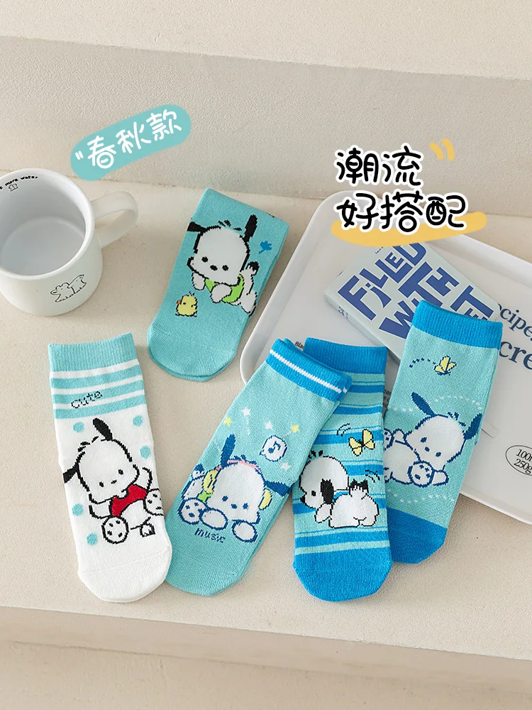 Meias de algodão Sanrio Kawaii Mid-Calf para crianças, meias dos desenhos animados para meninos e meninas, presentes infantis, novo, outono, 5 pares