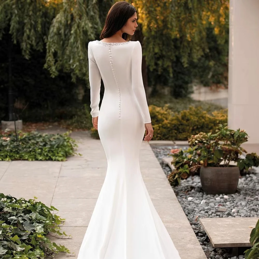 تخصيص هوت بسيط فستان الزفاف الساتان للمرأة العروس الخامس الرقبة طويلة الأكمام زر الطابق طول حورية البحر فستان زفاف مفصل #2