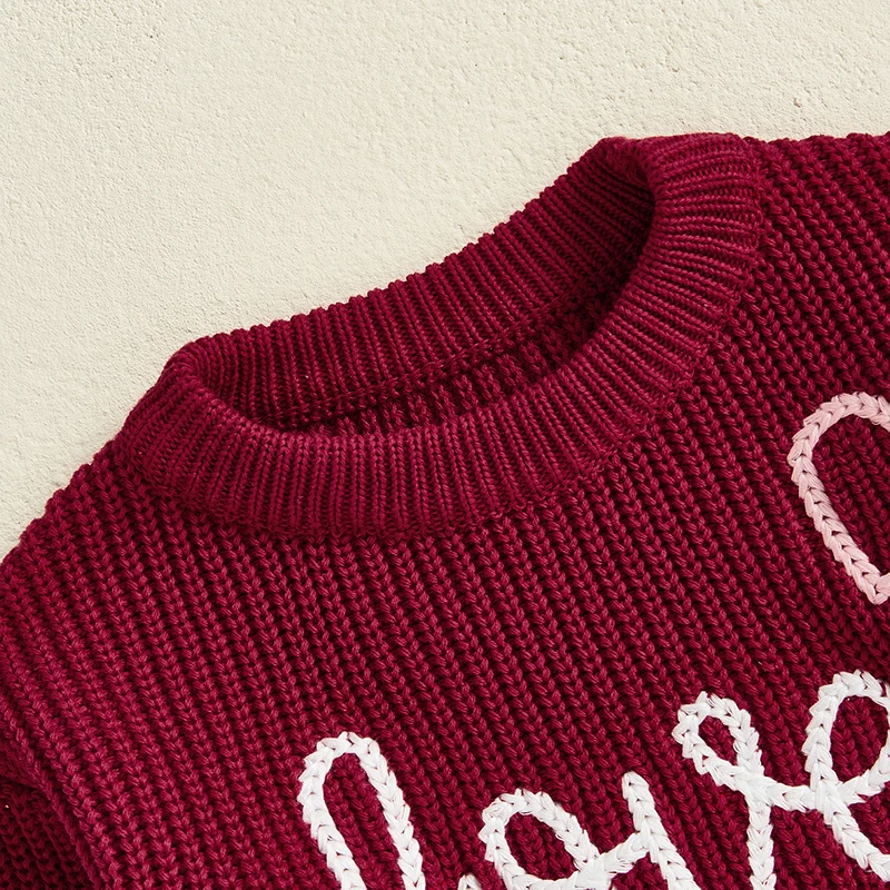 

Infant Valentine s Day Sweaters with Heart Embroidery and Long Sleeve Round Neck Knit Pullover for Toddlers