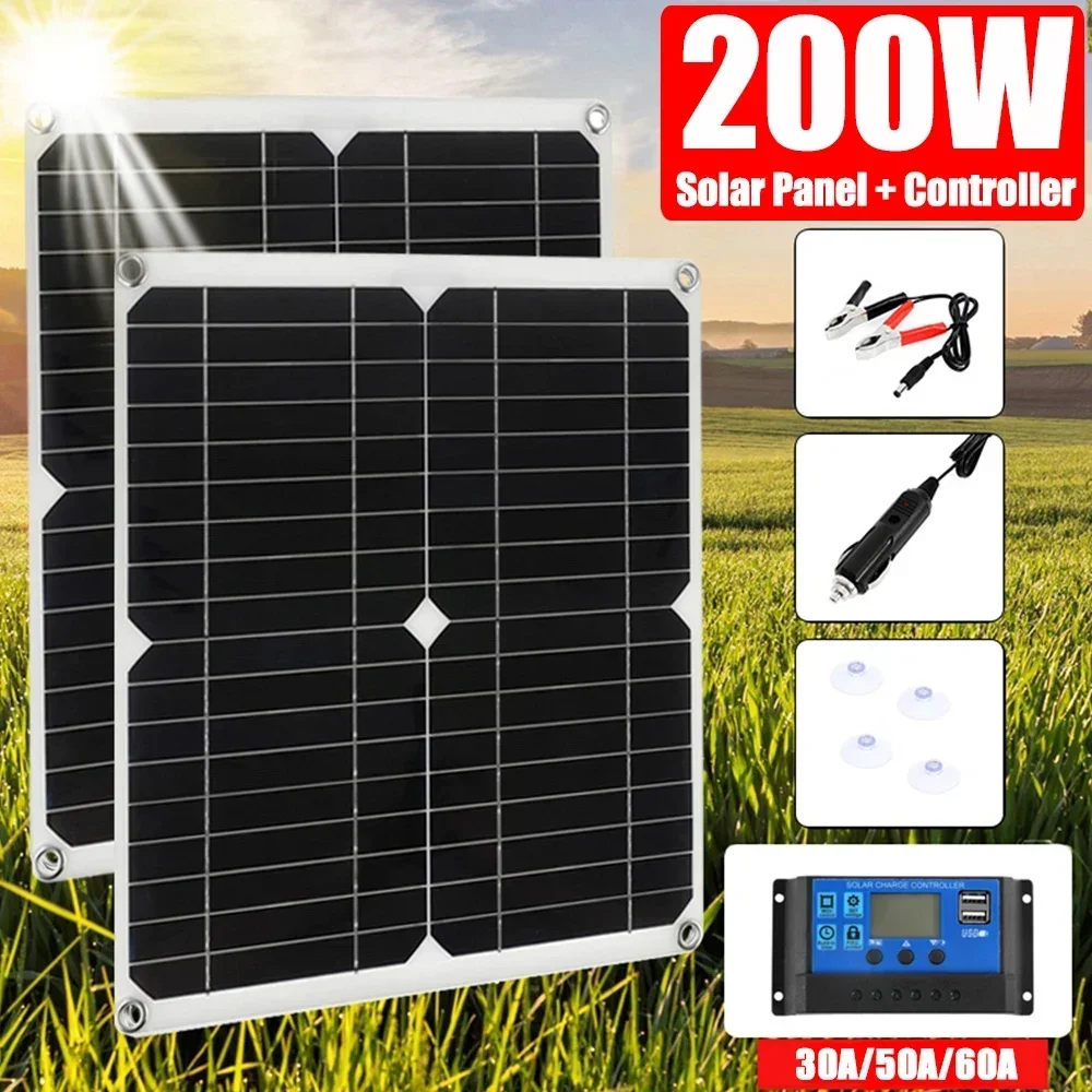 200W Monocrystalline Silicone Solar Panel Kit USB Flexible Solar Cells Charging Stystem with Controller for Battery Charger