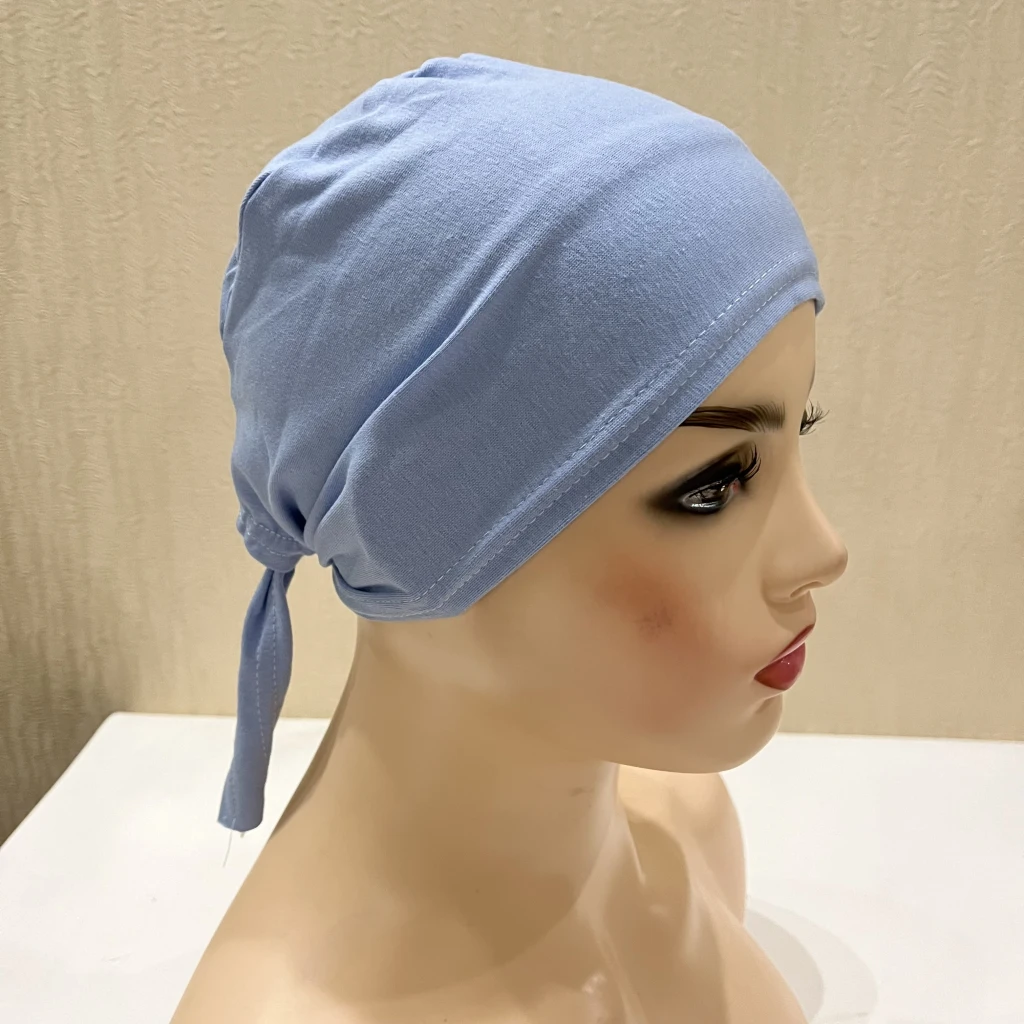 H048 Plain Cotton Tie Back Hats Muslim Turban Pure Color Stretch Inner Hijabs Underscarf Women Head Scarf Under Hijab Bonnet