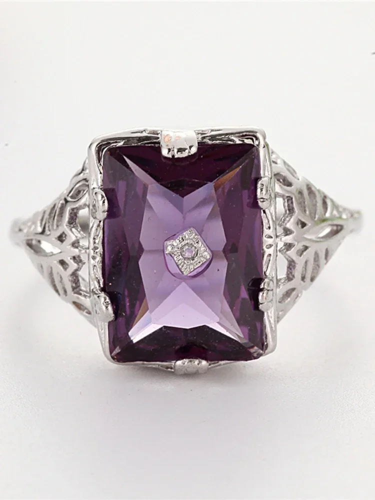 Large Purple Square Stone Ring Sliver  Hollow Out Geometric Zircon Rings For Women Engagement Jewelry Femme Anel L5N507