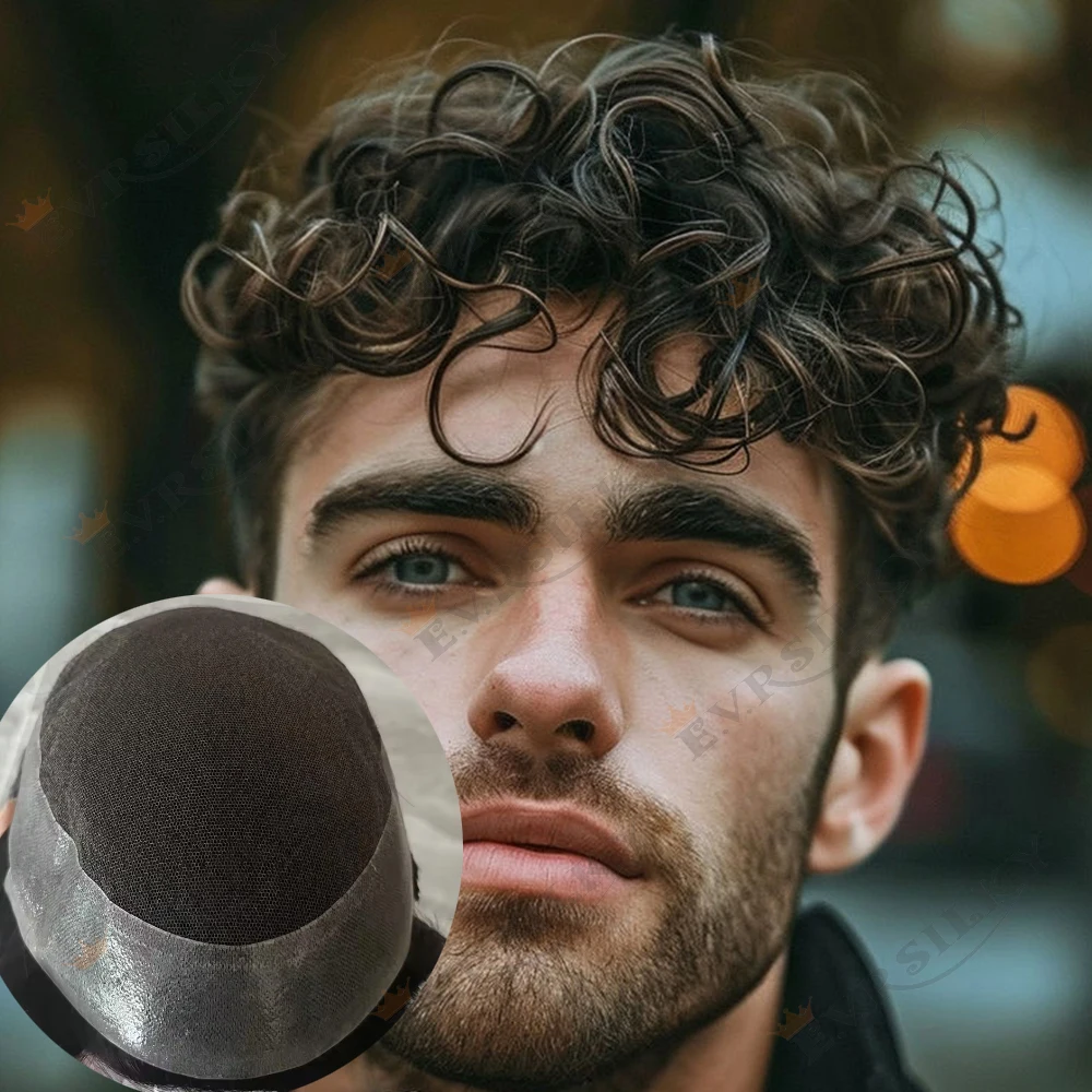 Australia 26mm curly Men Toupee #1B50 Grey Brown Human Hair Breathable Swiss Lace Transparent PU Base Men's Capillary Prothesis