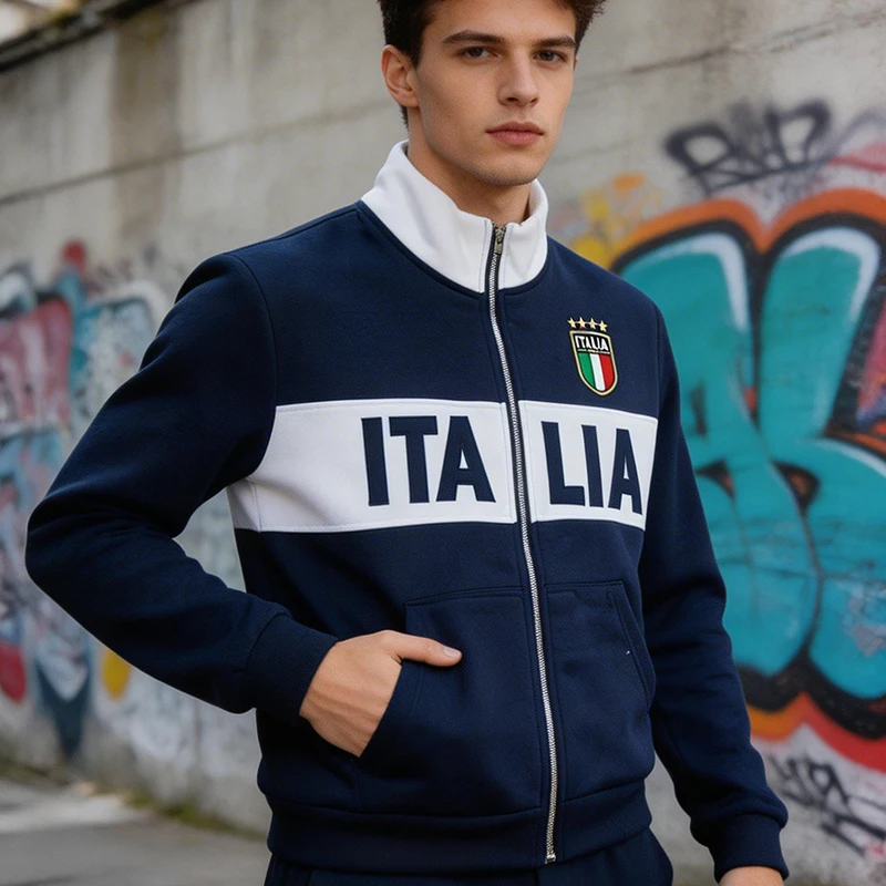 Winter American Street Fashion Men Women's Letter Embroidery Color Blocking Loose Zipper Stand Up Collar Cardigan Casual Hoodie