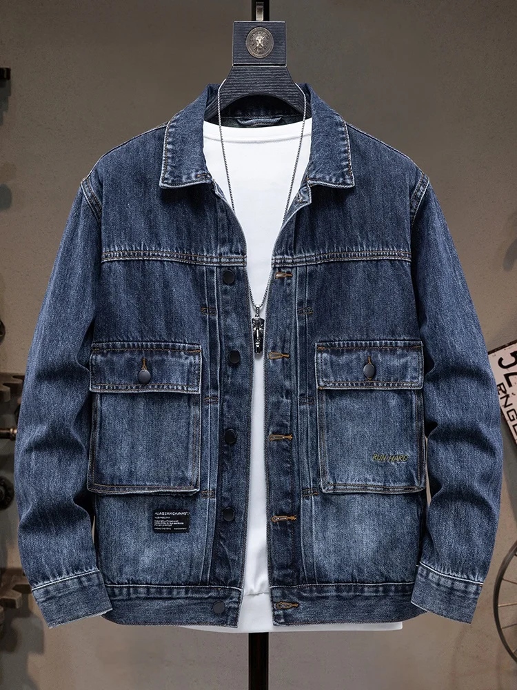 

Мужская джинсовая куртка свободного кроя премиум-класса с отложным воротником на одной пуговице, большие размеры, рабочая одежда, модный городской стиль