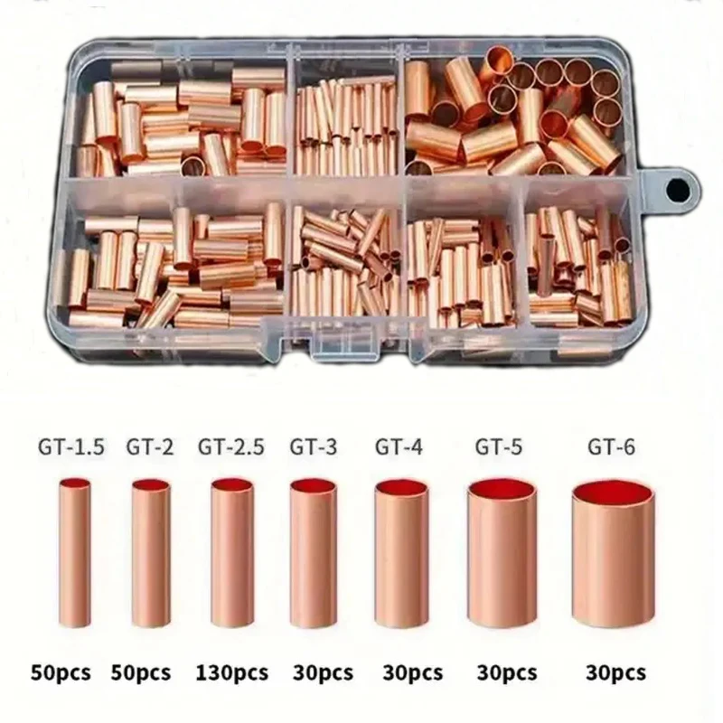 350pcs GT Copper Connector Wring Pipe Crimp Terminal Cable Connector Lug Electrical Small Wires Butt Tube Copper Wire Joint
