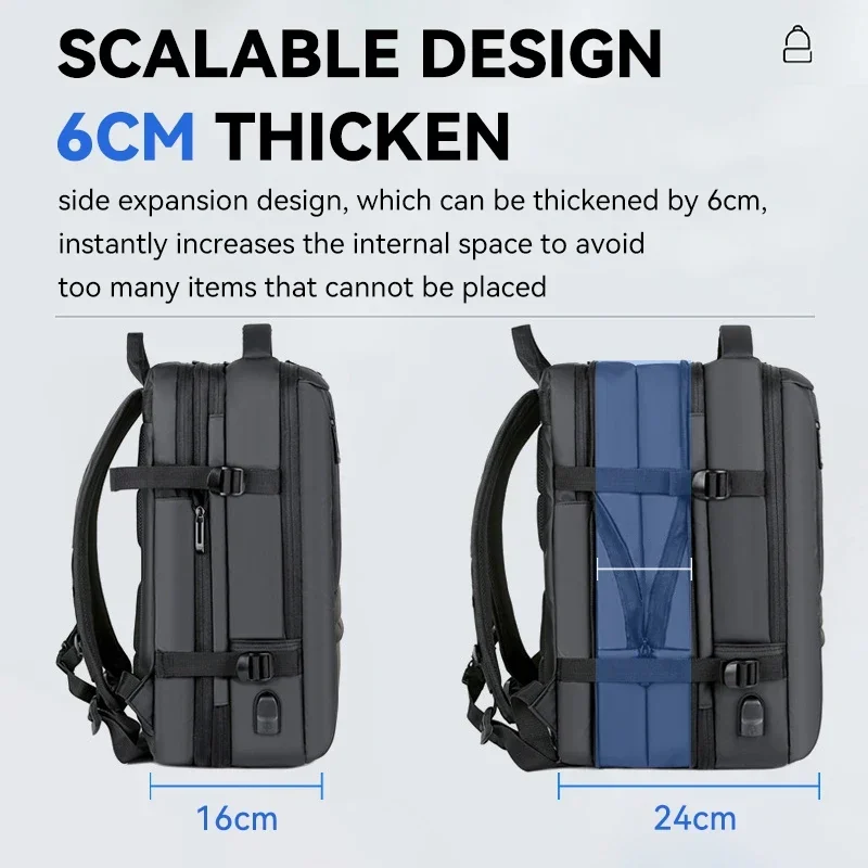 Sac à dos extensible de grande capacité pour homme, sacs étanches pour ordinateur portable, sac à dos de voyage, chargement USB évolutif, 17"