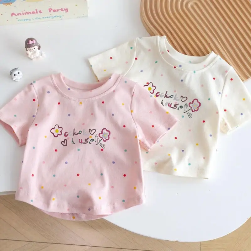Girls' Cartoon Short Sleeved Summer New Slanted Shoulder T-Shirt Children's Kawaii Half Sleeved Children's Korean Style Tops