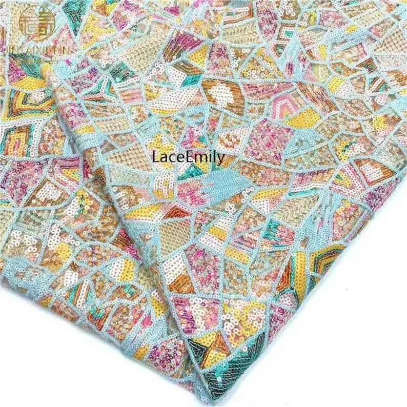 

Красивая красочная ткань с вышивкой блестками, ткань с геометрическим узором, расшитая блестками, тюлевые платья, свадебная фата, праздничное платье, 1 ярда