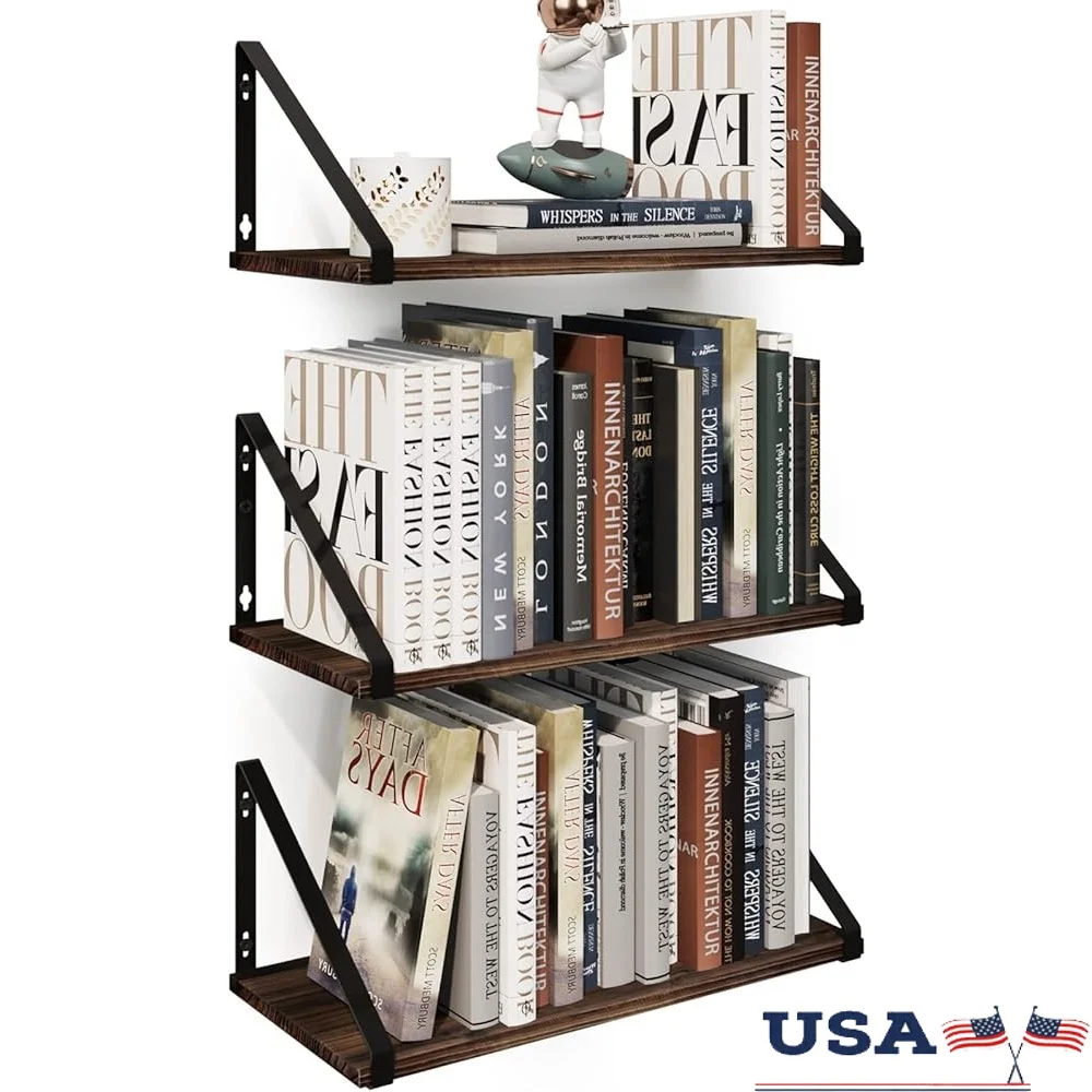

Плавающие полки в деревенском стиле, маленькая настенная полка, 3-упаковка деревянной книжной полки с металлическим кронштейном, домашний офис, гостиная, спальня