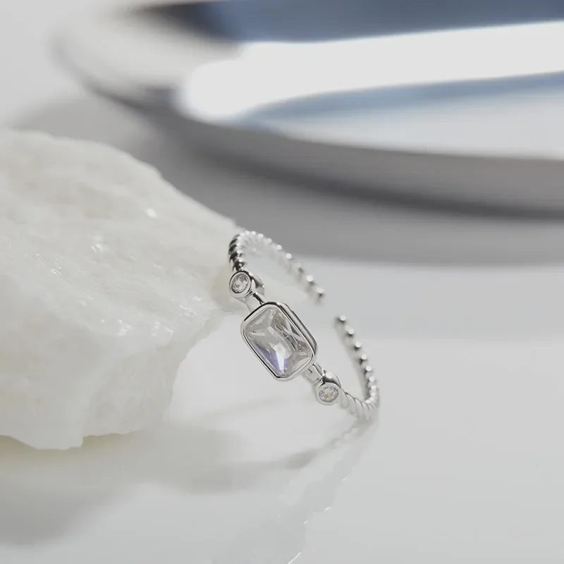 Japanese and Korean ins style, simple personality, square sugar cube S925 sterling silver ring, women's high-end open ring