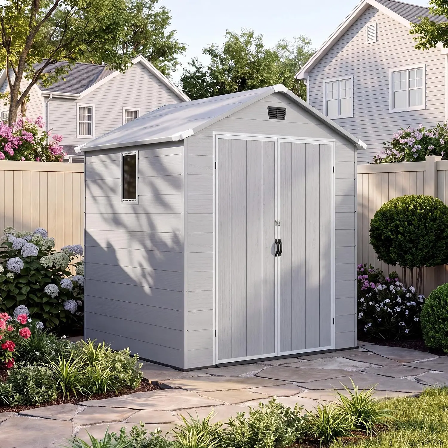 6X6 FT Plastic Outdoor Storage Shed with Floor, Light Grey | Resin Tool Sheds with Lockable Door and Window,Custom