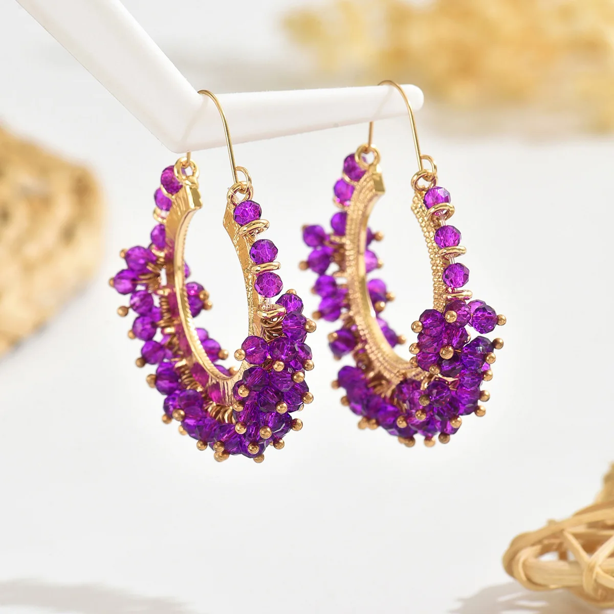 

Женские серьги из бисера в богемном стиле, тканые вручную хрустальные круглые серьги из простого сплава, рисовые бусины, модные креативные ювелирные аксессуары