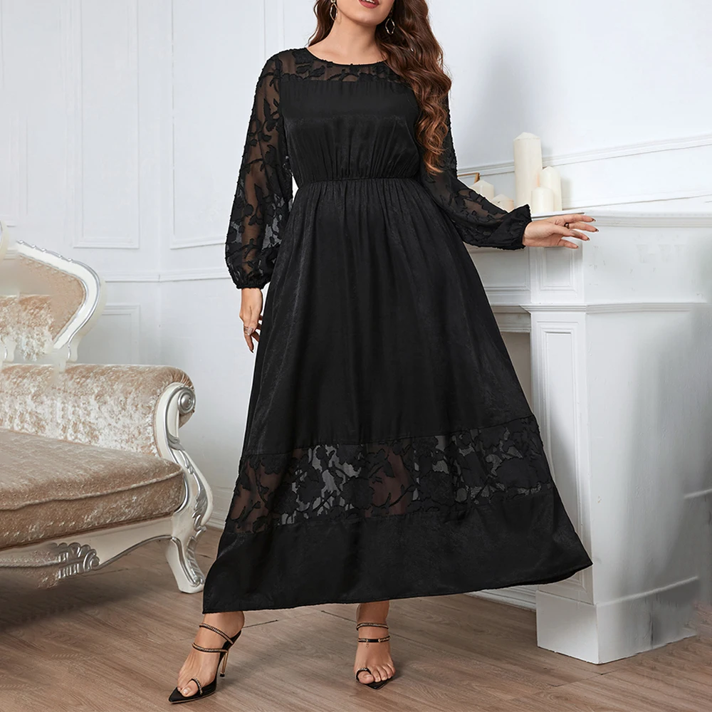 Plus Size Lace Women Long Sleeves O Neck Patchwork A Line Party Dress Autumn Winter Female Elegant Evening Night Gown Dresses