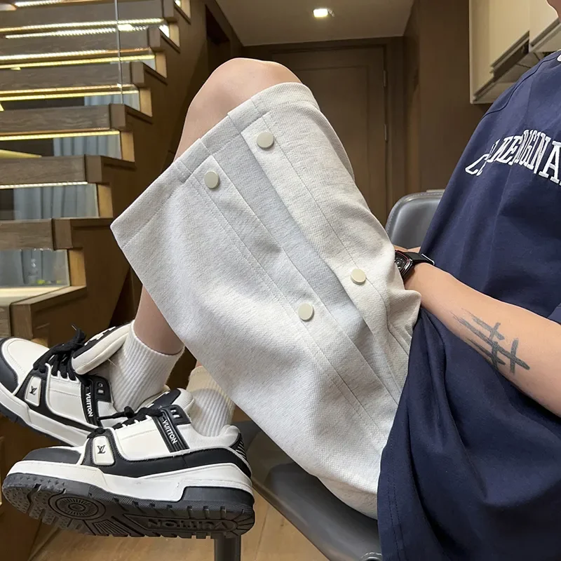 

Мужские светло-серые шорты с боковыми пуговицами, свободного кроя, повседневная уличная одежда