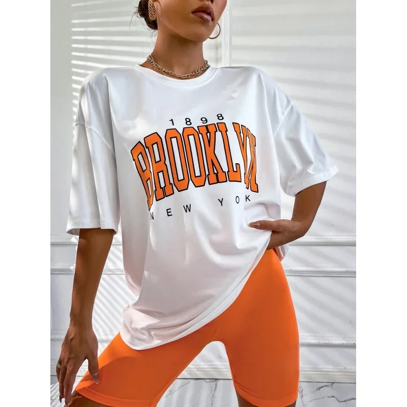 

Letter Printed Oversized T-shirt for Women, Loose Short Sleeve Top, Fried Street, Hong Kong Style, Cool, Summer Clothing
