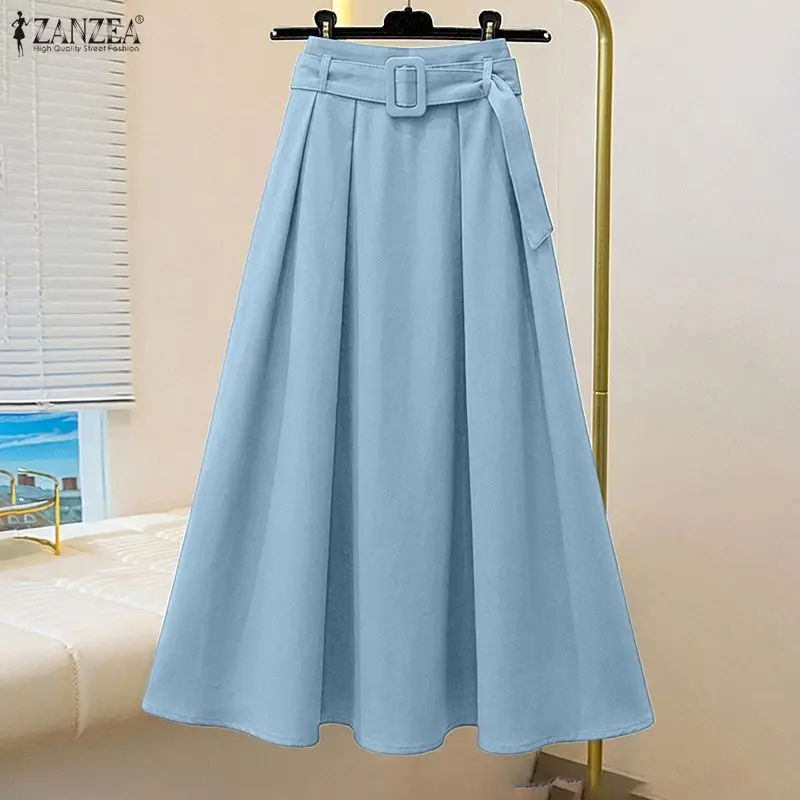 Saia Plissada Feminina ZANZEA 2026 Azul Jeans Falso Casual Elegante para Trabalho OL Estilosa em A-line