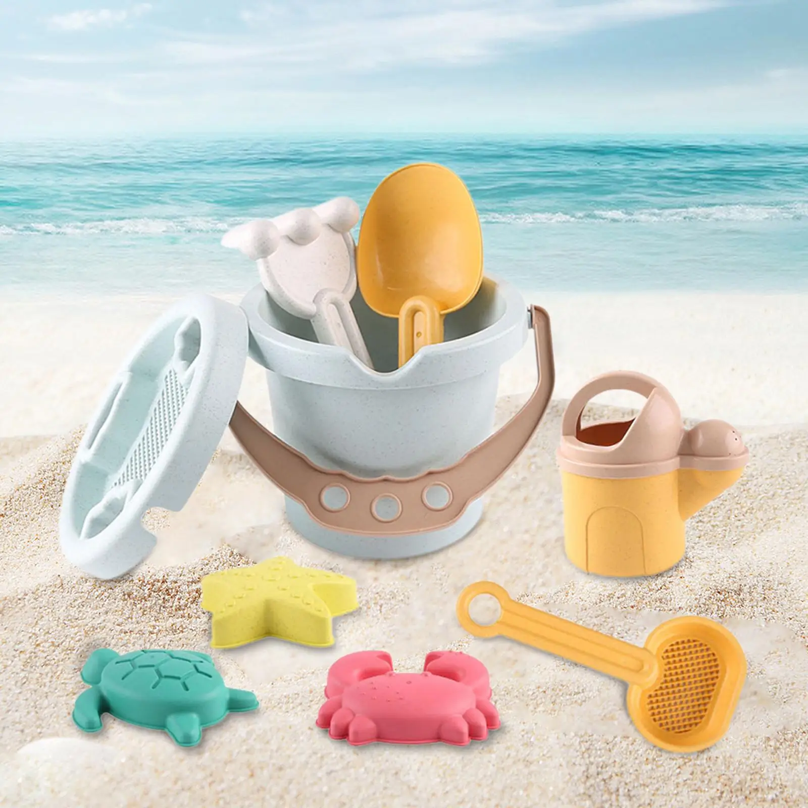 9Pcs Beach Toys Sand Set Sand Casting Building Castle Toy Sand Beach Bucket for Child Boys and Girls Outdoor Backyard Garden