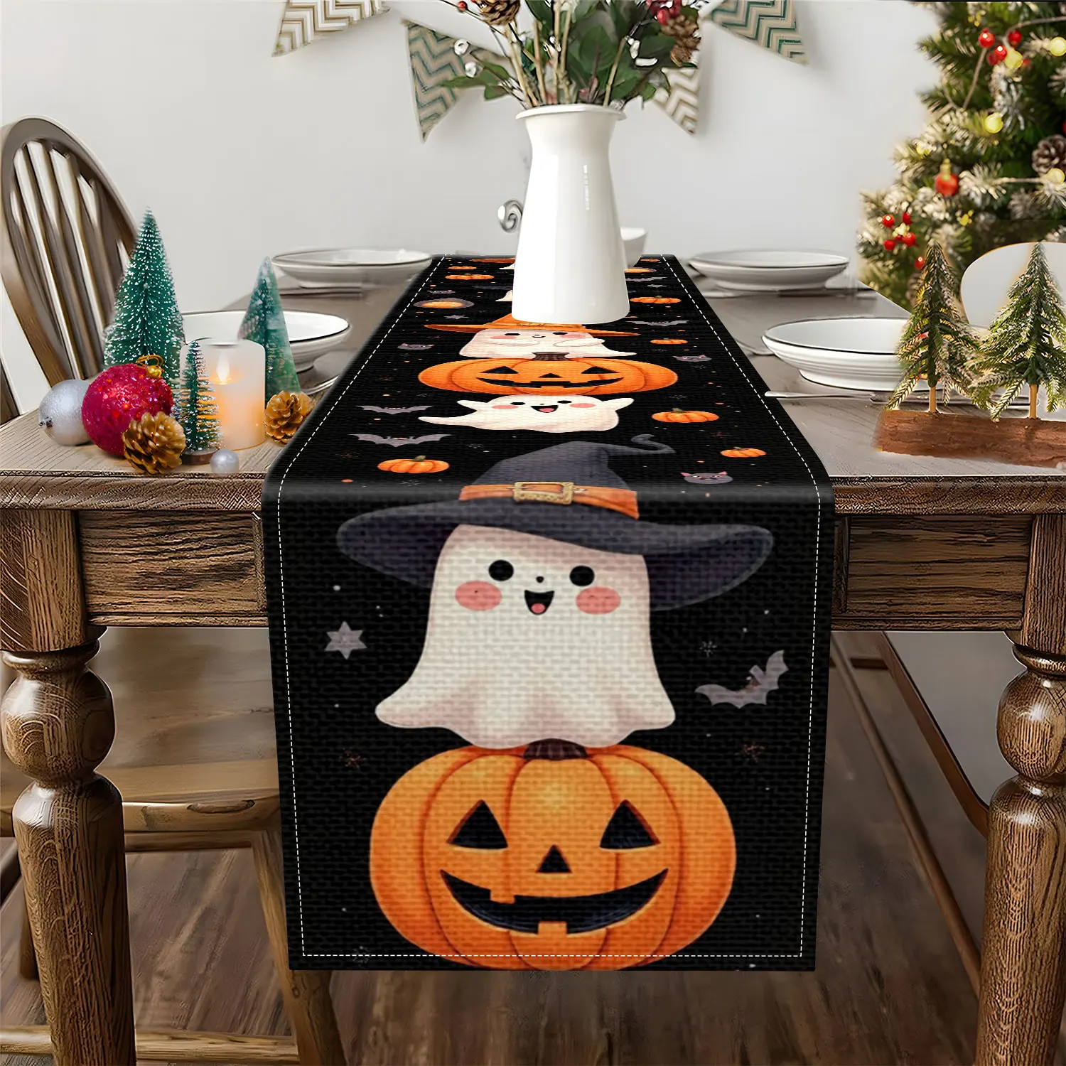 1 Piece of Halloween-Themed Table Runner, Featuring Patterns Such as Pumpkins, Ghosts, and Bats, Suitable for Halloween Parties, Holiday Home Decorations, and Other Occasions