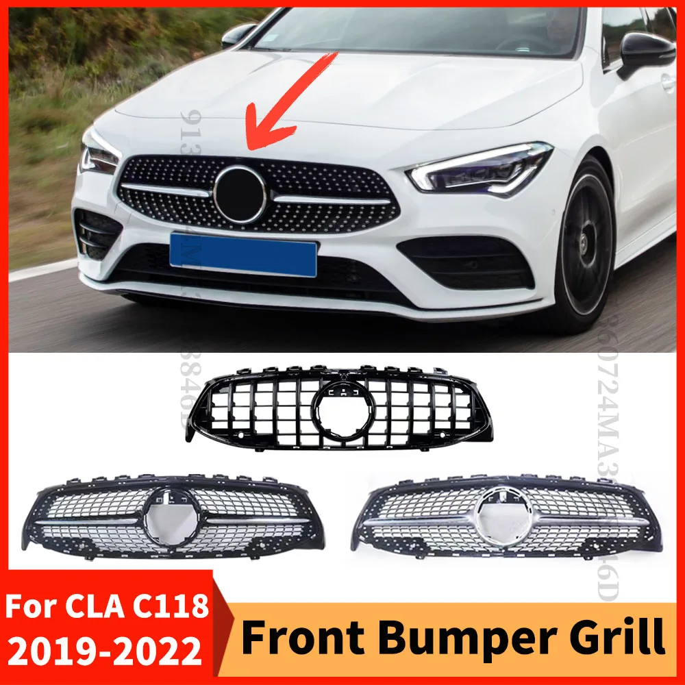 Front Bumper Grille Racing Grill GT Diamond Refit For Mercedes Benz CLA C118 W118 200 250 260 220 180 2019-2022 Facelift Styling