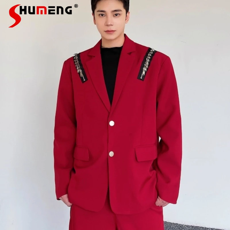 

2025 Men's Autumn Fashion Suit Jackets Metal Zipper Design Loose Fit Comfort Stylish Tailored Coats Shoulder Pads Trendy Blazers